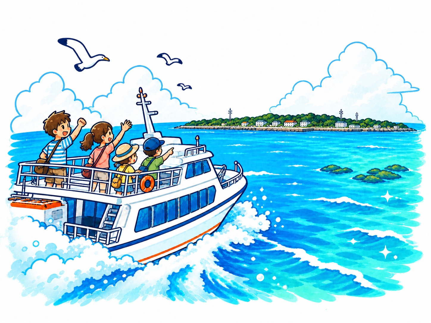 初島へ向かうフェリーと低い島影のイラスト