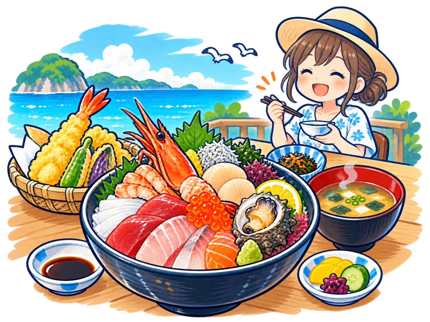 初島で海の幸を楽しむ食堂のイラスト