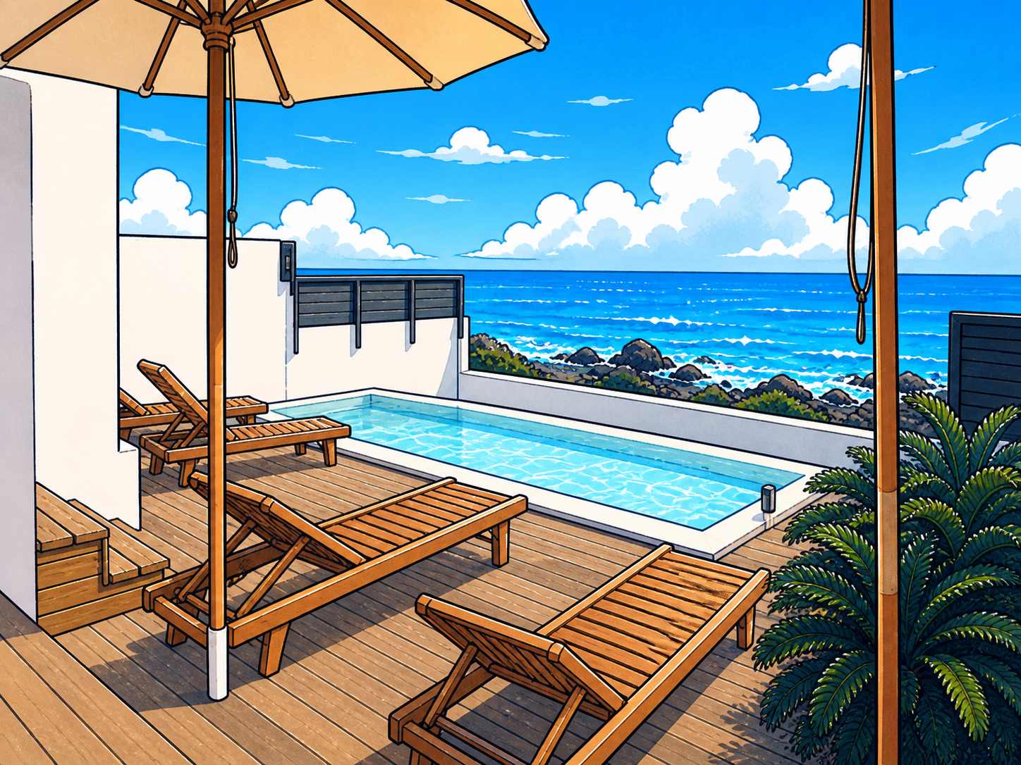 海を眺めながらくつろぐ島の湯のイラスト
