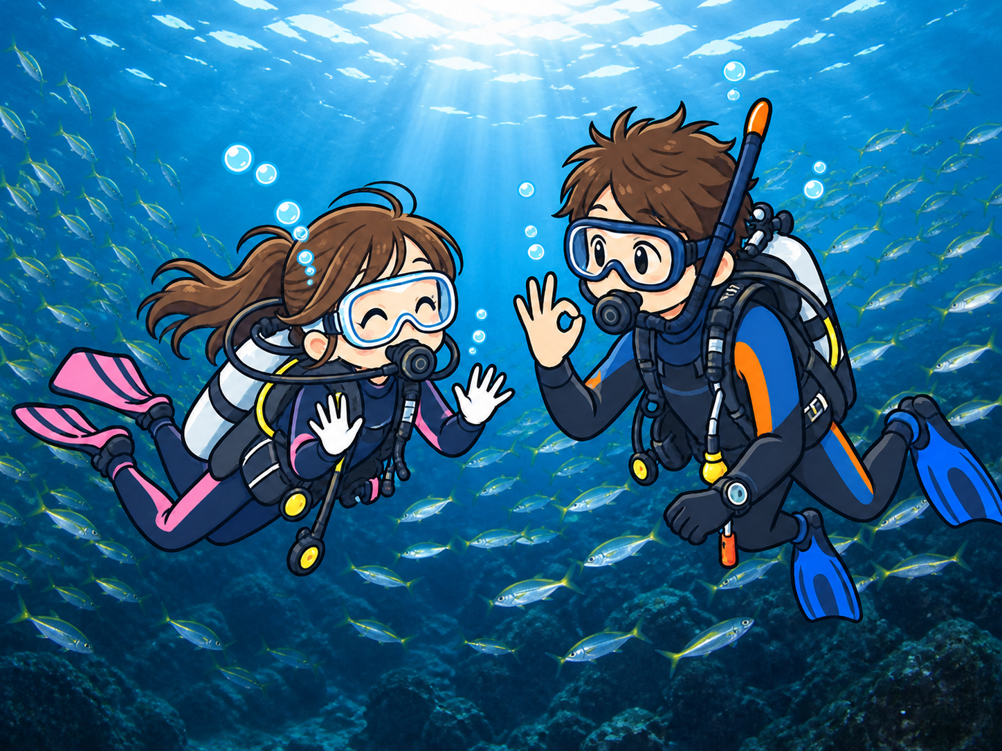 初島の青い海で魚の群れと泳ぐ体験ダイビングのイラスト