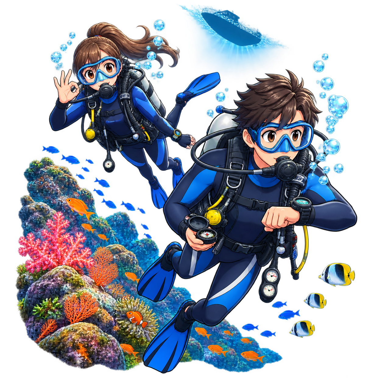 水中ナビゲーションとダイブコンピュータを使いながら伊豆の海を楽しむ2人のダイバーのイラスト