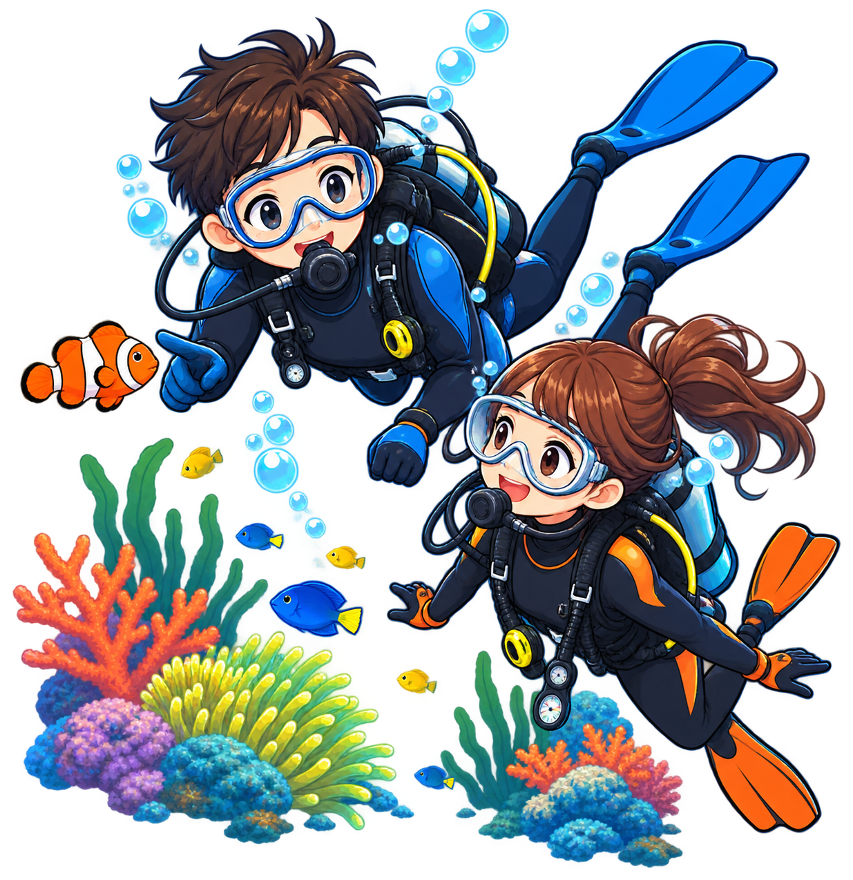 楽しそうにバディで潜るダイバーのイラスト
