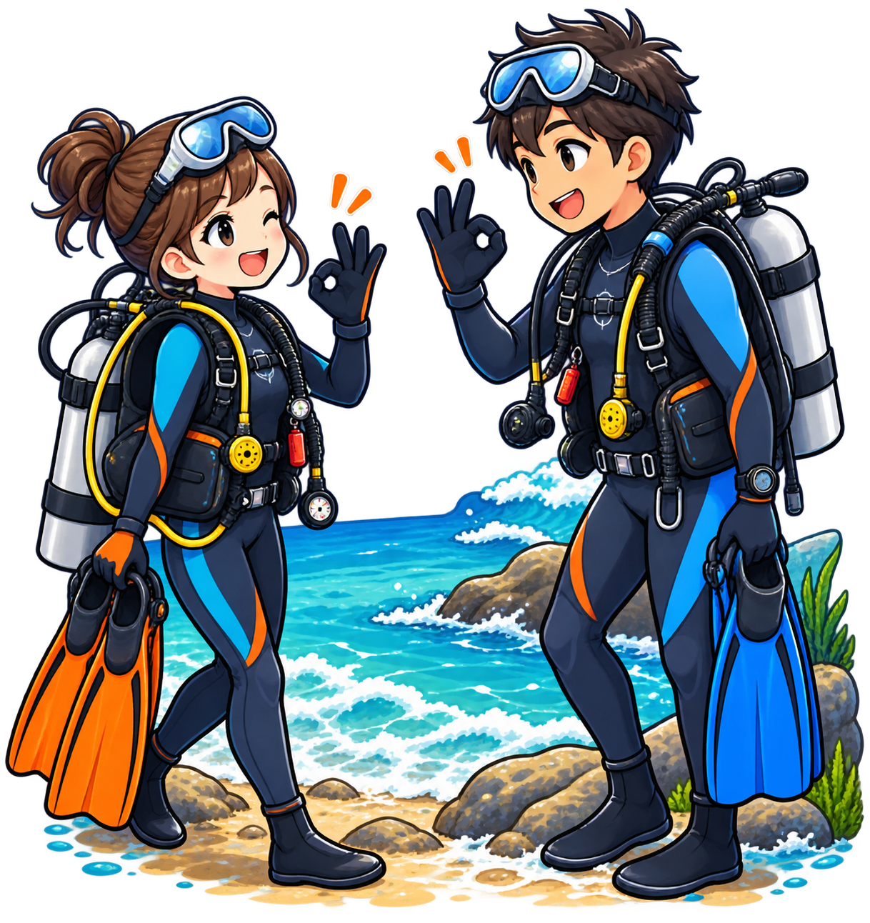 器材をセッティングし、OKサインを確認し合う二人のダイバーのイラスト