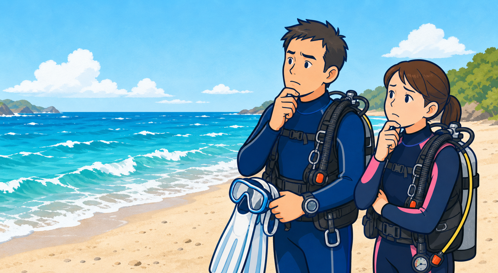 海況を見ながらダイビング実施を慎重に判断するインストラクターとお客様