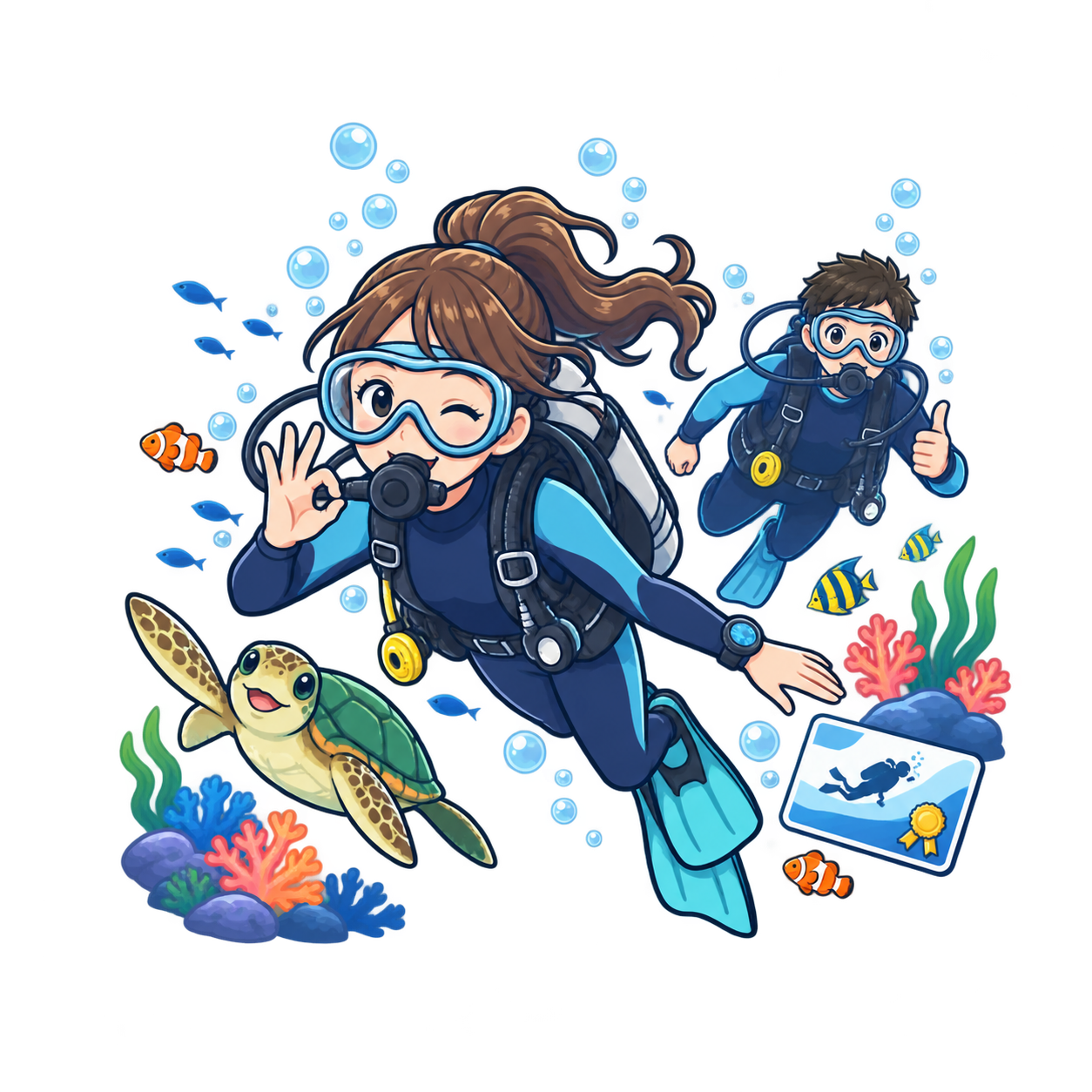 認定ダイバーとして海を楽しむイラスト