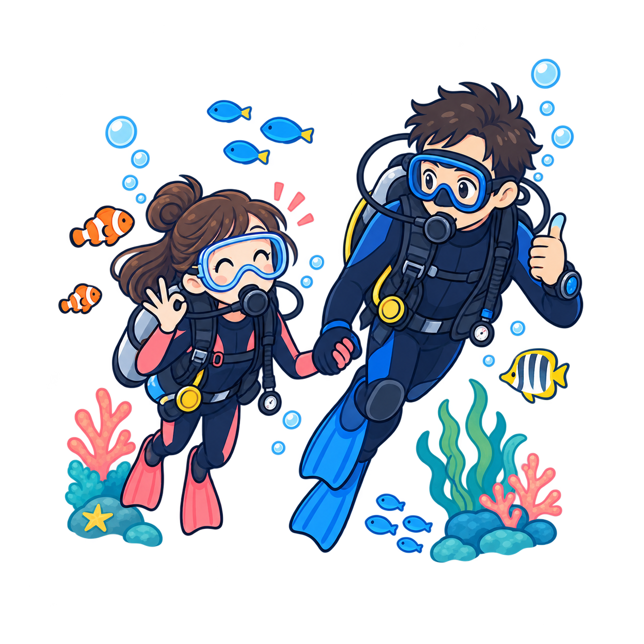 インストラクターと体験ダイビングをするイラスト