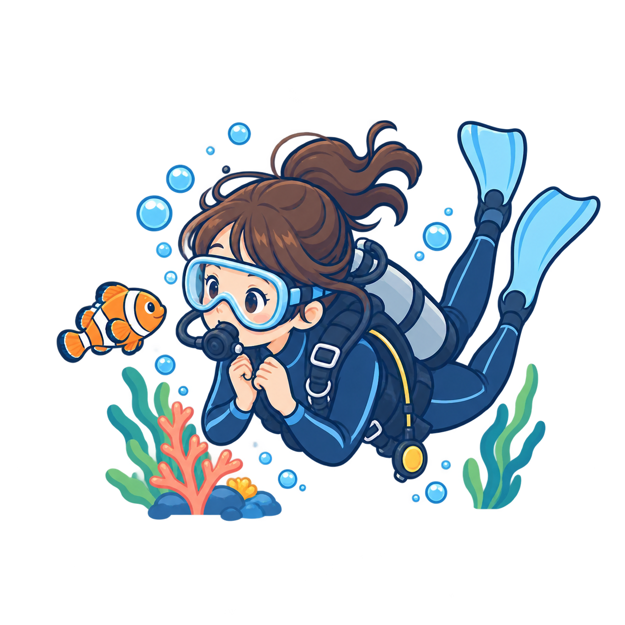 魚を見つめるダイバーのイラスト